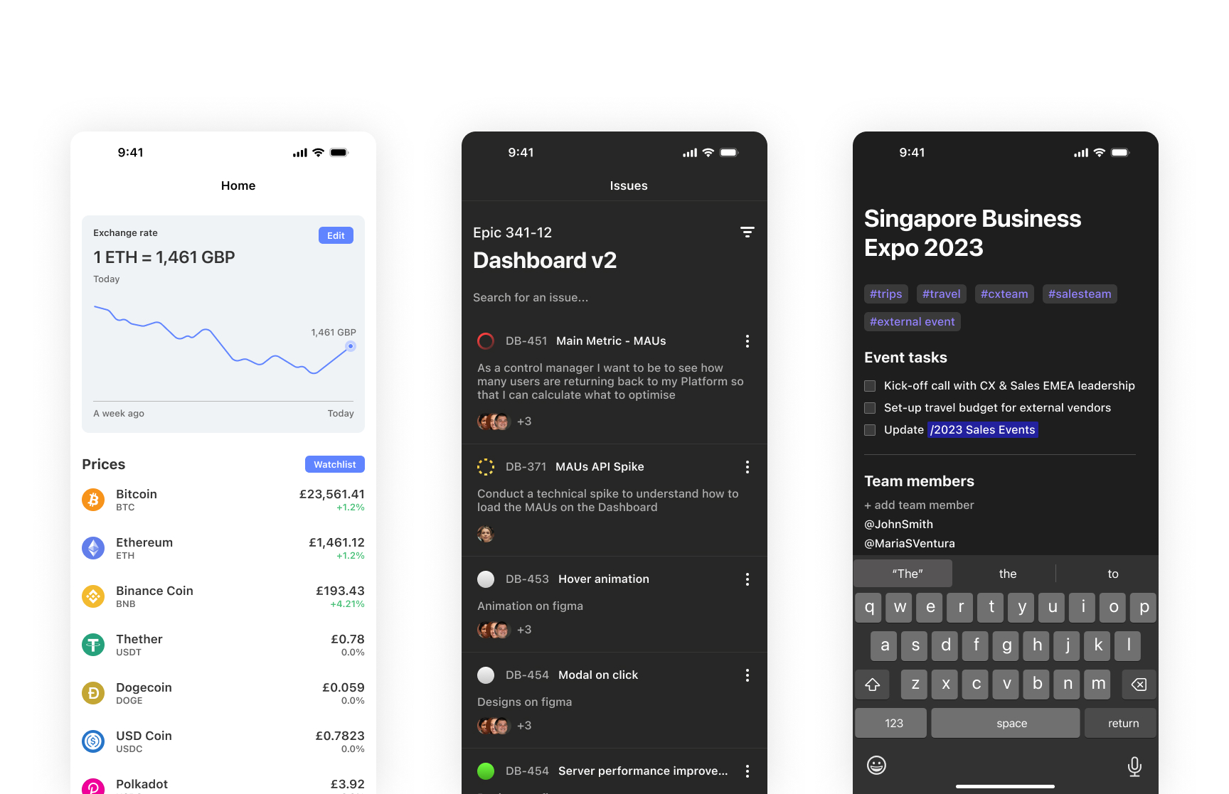 Mobile app screens